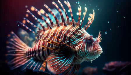 Red lionfish in aquarium, close-up view of underwater lifeの素材