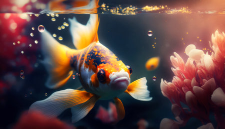 Beautiful goldfish swimming in the water. Underwater world.の素材