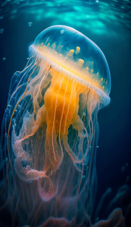 Beautiful jellyfish swimming in the deep blue sea. Underwater world.の素材