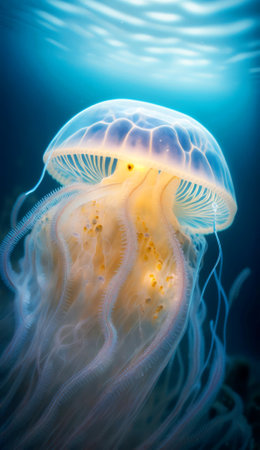 Beautiful jellyfish swimming in the deep blue water of the oceanの素材
