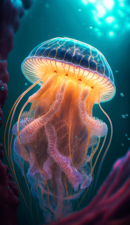 Jellyfish swimming in the deep blue ocean. Underwater sceneの素材