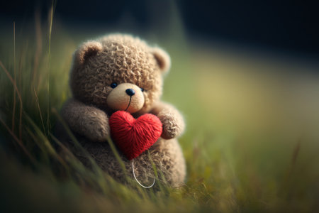 Teddy bear with red heart on green grass. Valentine's day concept.の素材