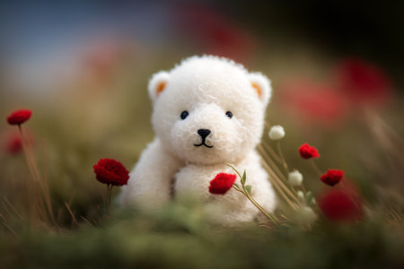 Teddy bear with red flowers in the meadow, soft focusの素材