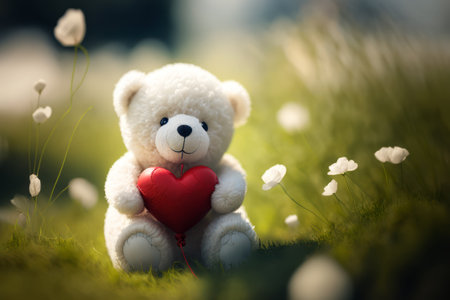 teddy bear with red heart on green grass and white flowers backgroundの素材