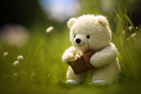 White teddy bear with a book on the green grass with flowersの素材