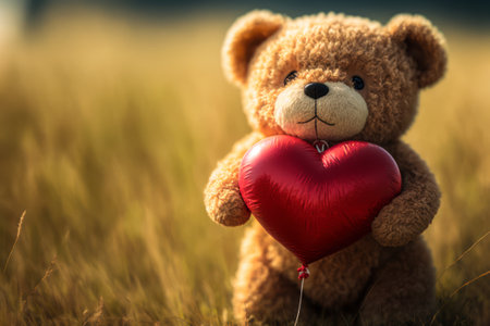 Teddy bear with red heart-shaped balloon in the field.の素材