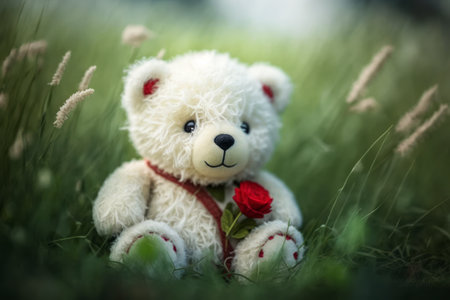 Cute teddy bear sitting on the grass with a red roseの素材