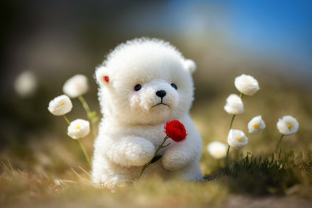 Teddy bear sitting on the grass with white flowers in the backgroundの素材