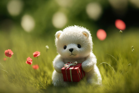 Teddy bear sitting on the grass with red poppies and gift boxの素材