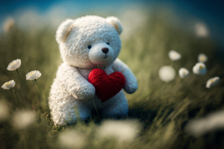 White teddy bear with red heart in the grass. Valentines day concept.の素材