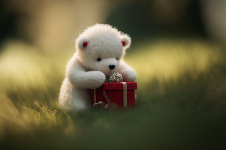 White teddy bear sitting on the grass with a gift box.の素材