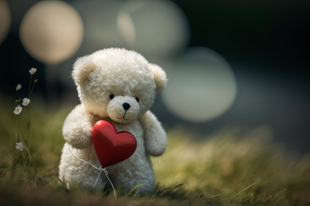 Teddy bear with red heart on green grass with bokeh backgroundの素材