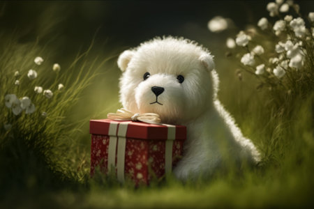 White teddy bear with red gift box sitting on green grass.の素材