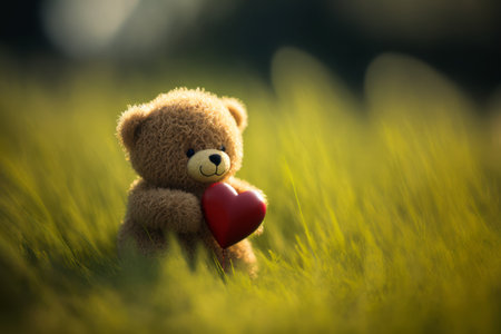 Teddy bear with red heart on green grass. Valentine's day concept.の素材