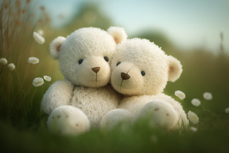Two cute teddy bears sitting on grass in the meadow.の素材