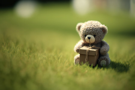 Teddy bear with gift box on green grass background, soft focusの素材