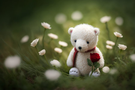 Teddy bear sitting on the grass with white flowers in the backgroundの素材