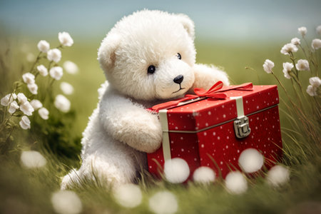 White teddy bear sitting in the grass with red gift box.の素材