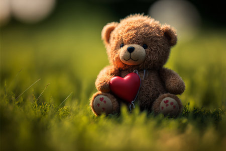 Teddy bear with red heart on green grass in the garden.の素材