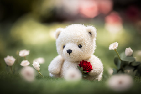Teddy bear with flower in the garden. Selective focus.の素材