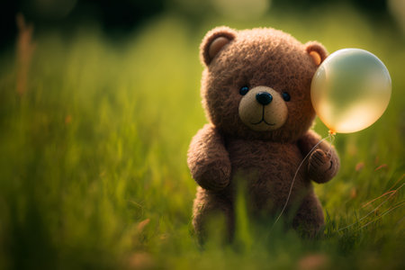 teddy bear with balloon on green grass, soft focus background.の素材