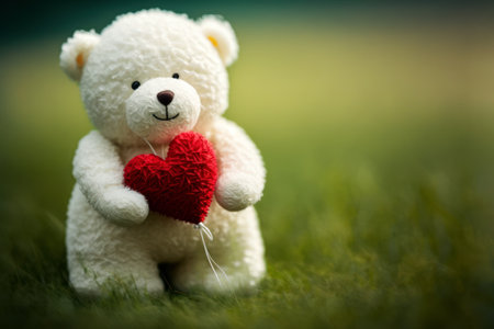 White teddy bear with red heart on green grass. Valentines day concept.の素材