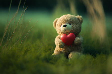 teddy bear with heart shaped balloon on green grass, vintage tonedの素材