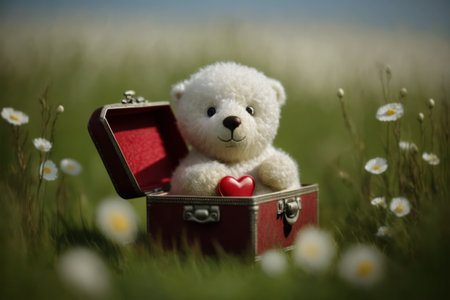 Teddy bear sitting in a suitcase on the field with daisiesの素材