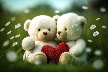 Two teddy bears with red heart on green grass and flowers backgroundの素材