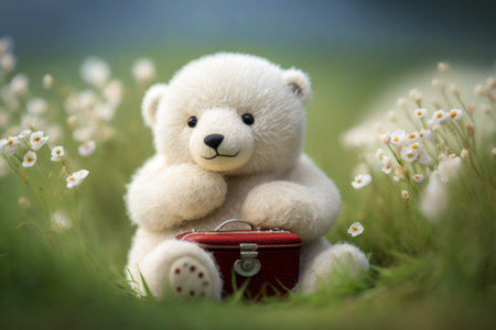 Teddy bear sitting on the grass with a suitcase and white flowers.の素材