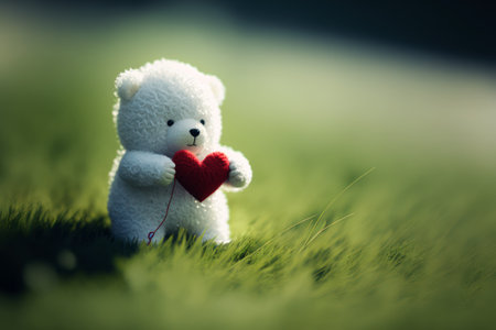 White teddy bear with red heart on green grass. Valentines day concept.の素材