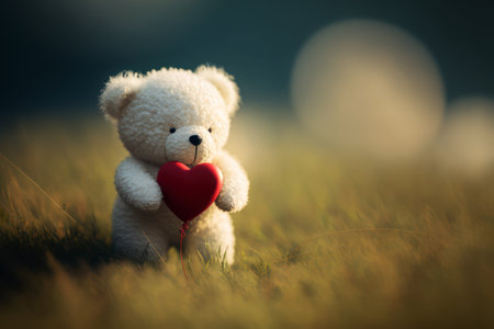 White teddy bear with red heart on green grass. Valentine's day concept.の素材