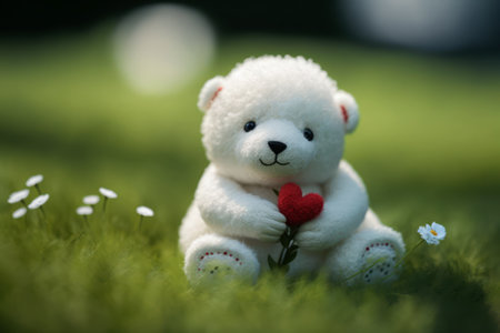 White teddy bear with red heart on green grass in the gardenの素材