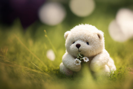 Teddy bear sitting on the grass with bokeh background.の素材