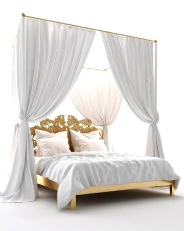 Double bed with white curtains isolated on white background. 3D illustration.の素材