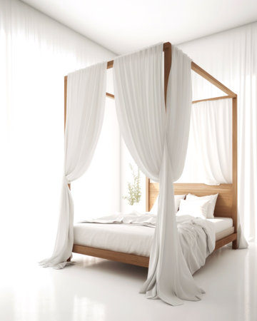 Bedroom interior with white curtains and wooden bed. 3d renderの素材
