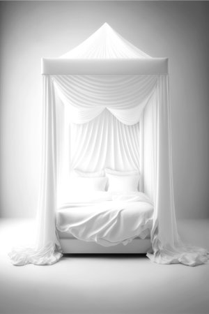White bed with white curtains on gray background. 3d rendering.の素材