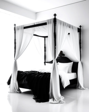 Black and white bedroom interior with bed and curtain. 3d renderingの素材