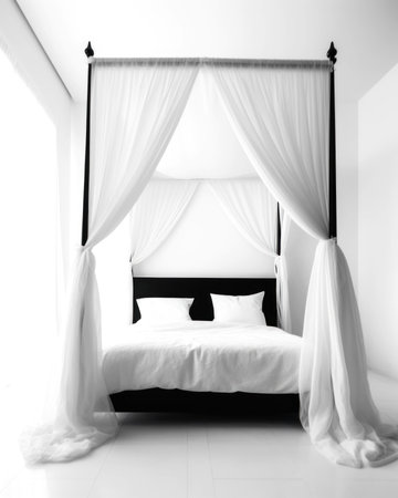 Interior of a bedroom with black and white curtains and a bedの素材