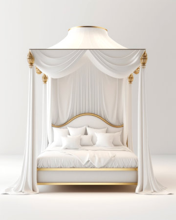 3d render of a classic bed with white curtains and gold lampの素材