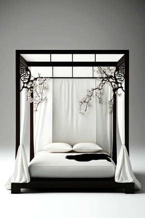 3d render of a double bed with white curtains and flowers on a gray backgroundの素材