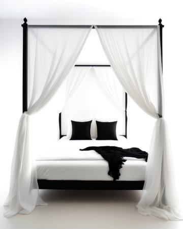Double bed with white curtains and black bedding on a white backgroundの素材