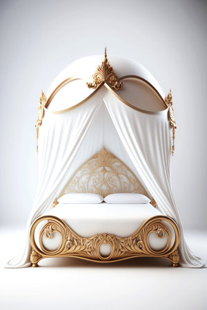 3d rendering of a white bed with a golden canopy and pillowsの素材