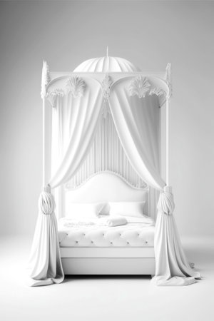White 3d rendering of a bed with white curtains and a canopyの素材