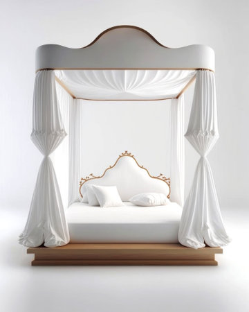 White wooden double bed with white curtains on a white background. 3d renderingの素材