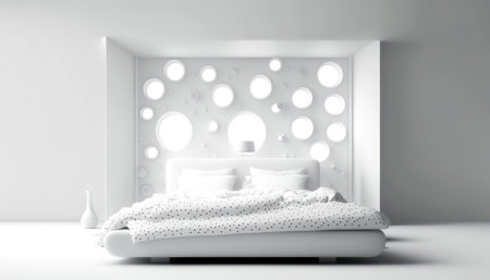 3d rendering of a white bed in a room with white lightsの素材