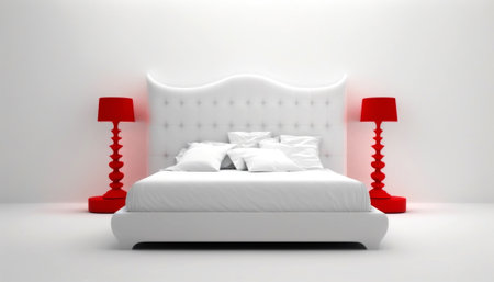 3d rendering of a white bedroom with a bed and two red lampsの素材