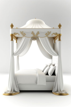 White double bed with white curtains on white background. 3d renderの素材