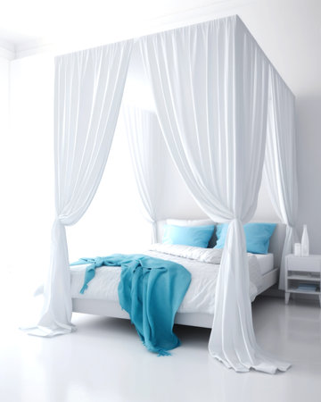 interior of a white bedroom with a double bed and blue curtainsの素材