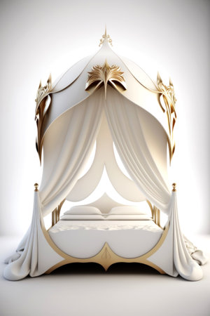 3d rendering of a white vintage bed with a golden canopy.の素材